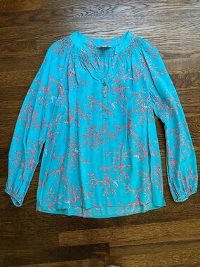 Lilly Pulitzer Elsa Silk Top in Coral Me Crazy turquoise blue/red print SMALL